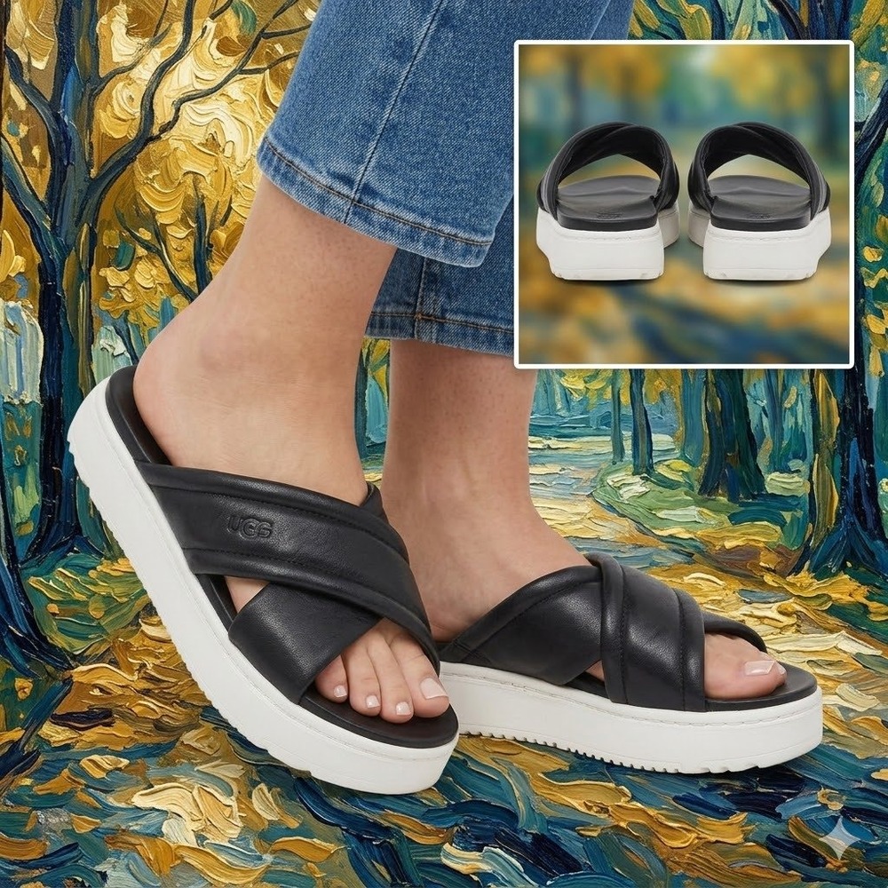 UGG Zayne‎ Cross Slide Black Leather Platform Sandal 1128635 Womens 9
